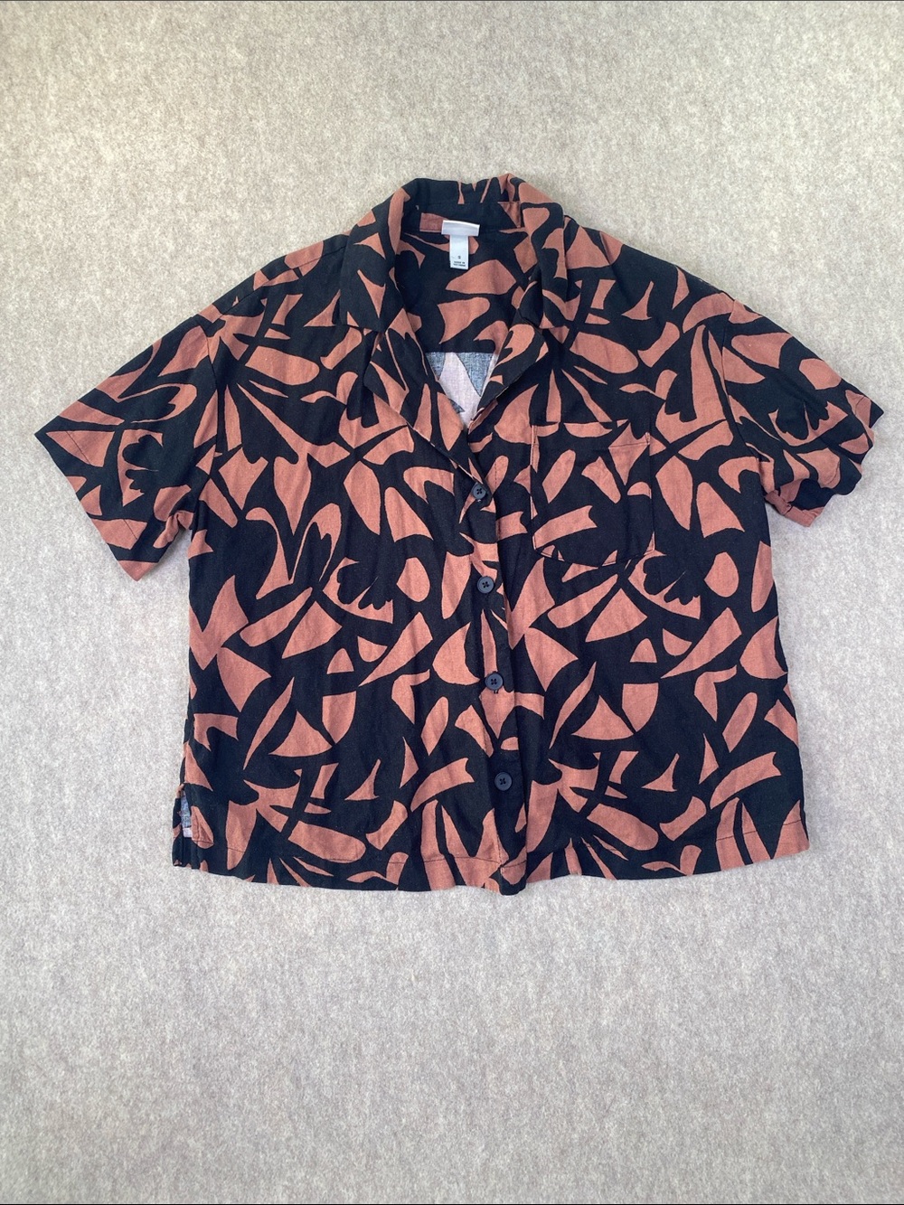 Linen Blend Black & Rust Abstract Short Sleeve Button Shirt Size Small